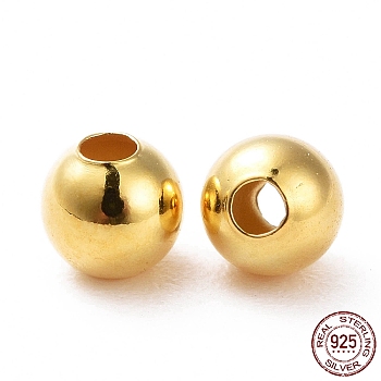 925 Sterling Silver Spacer Beads, Round, Real 18K Gold Plated, 4mm, Hole: 1.4~1.5mm