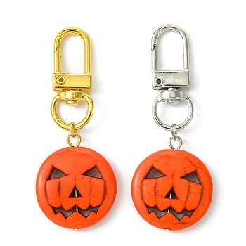 2Pcs 2 Colors Halloween Synthetic Turquoise Pumpkin Pendant Decorations, Alloy Swivel Clasps Charms for Bag Ornaments, Mixed Color, 63mm, 1pc/color