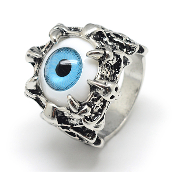 Alloy Resin Finger Rings, Wide Band Rings, Chunky Rings, Eye, Antique Silver, Size 8, Light Sky Blue, 18mm