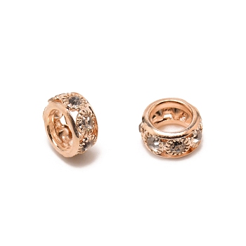 Brass Rhinestone Spacer Beads, Flat Round, Rose Gold, Crystal, 12x6mm, Hole: 7.5mm