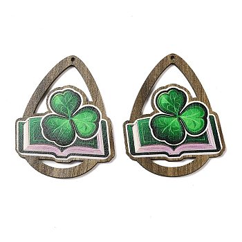 Saint Patrick's Day Single Face Printed Wood Big Pendants, Teardrop Charms with Book & Clover, Green, 54x44x2.5mm, Hole: 1.5mm