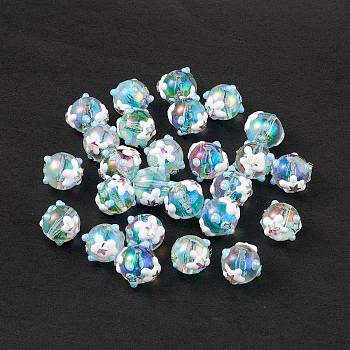 UV Plating Rainbow Iridescent Acrylic Enamel Beads, with ABS Imitation Pearl Beads and Brass & Glass, Bumpy, Round with Star & Flower, Colorful, 15~16mm, Hole: 2mm