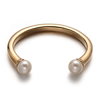 Ion Plating(IP) 316 Surgical Stainless Steel Cuff Bangles, with Imitation Acrylic Pearl Beads, Golden, 45x59mm
