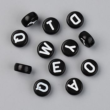 Opaque Acrylic Beads, with Enamel, Horizontal Hole, Flat Round with Initial Letter, White, Black, 9.5x4.5mm, Hole: 2mm