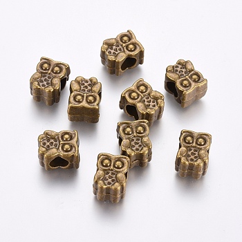 Alloy European Beads, Long-Lasting Plated, Large Hole Owl Beads, Nickel Free, Antique Bronze, 11.5x9x8mm, Hole: 5mm