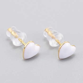Brass Enamel Stud Earrings, with Plastic Ear Nuts, Long-Lasting Plated, Heart, Real 18K Gold Plated, White, 6x6.5mm, Pin: 1mm