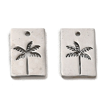 304 Stainless Steel Charms, Rectangle with Coconut Tree Charm, Stainless Steel Color, 12x8x1mm, Hole: 1mm