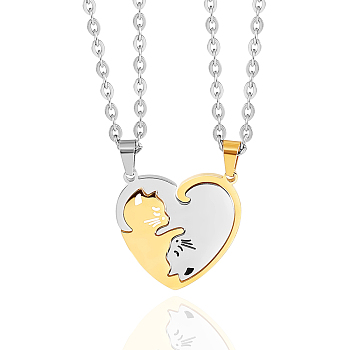 Two Tone Heart Puzzle Matching Necklaces Set, Cat Yin Yang Pendant Necklaces, Love Magnetic 316L Surgical Stainless Steel Necklaces for Women Men Lovers Gift, Golden & Stainless Steel Color, 23.62 inch(60cm), 2pcs/set