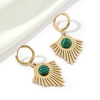 201 Stainless Steel Fan with Natural Malachite Dangle Hoop Earrings, with 304 Stainless Steel Pins, Golden, 43.5x24mm