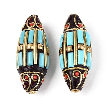 Handmade Indonesia Beads, Rice, with Resin & Unplated Brass, Turquoise, 38.5~39x14~16.5mm, Hole: 1.6~1.8mm