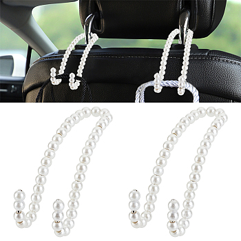 2Pcs Multi-Function Alloy Hook Hangers, with ABS Plastic Pearl Beads & Glass Crystal Rhinestones, for Home, Car Seat Storage Organizer, Silver, 115x39x7.5mm