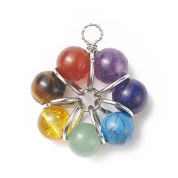 7 Chakrs Gemstone Copper Wire Wrapped Pendants, Flower Charms with Mixed Stone, Platinum, 32.5x28x10mm, Hole: 4mm