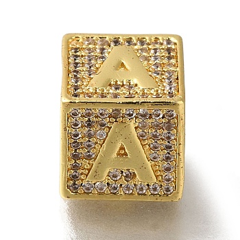 Brass Cubic Zirconia Beads, Letter A, Square, Letter A, 9.5x9.5x9.5mm, Hole: 6mm