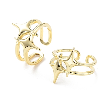 Brass Open Cuff Rings, Double Star, Real 18K Gold Plated, US Size 7 1/4(17.5mm)