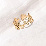 304 Stainless Steel Open Cuff Rings for Women, Leaf, Ion Plating(IP), Real 18K Gold Plated, 7mm, Inner Diameter: 17.4mm(RJEW-K309-21G)