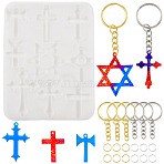 DIY Keychain Making Kits, including 1Pc Star of David & Cross Silicone Pendant Molds, 12Pcs Iron Split Key Rings & 30Pcs Open Jump Rings, Mixed Color, 113x85x5mm, Hole: 2mm, Inner Diameter: 27~47x18~35mm(DIY-FS0010-63)