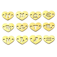 12Pcs 12 Styles Ion Plating(IP) 304 Stainless Steel Hollow Connector Charms, Heart with 12 Constellation Links, Golden, 8.5x12x1mm, Hole: 1.6mm, 1pc/style(STAS-H180-02G)