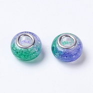Two Tone Resin European Beads, with Silver Color Plated Brass Single Core, Rondelle, Sea Green, 14x8.5mm, Hole: 5mm(RPDL-K002-C05)