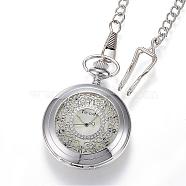 Carved Alloy Flat Round Pendant Necklace Quartz Pocket Watches, with Iron Chains, Platinum, 14.56 inch(37cm)(WACH-P006-07)
