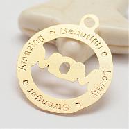 Brass Pendants, Long-Lasting Plated, Flat Round, with Words, Golden, 17.5x15x0.5mm, Hole: 1.5mm(KK-P068-03)