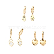 3 Pairs 3 Style Synthetic Shell Rhombus Dangle Hoop Earrings, Ion Plating(IP) 304 Stainless Steel Heart & Hamsa Hand Earrings for Valentine's Day, Golden, 26~32mm, Pin: 1mm, 1 Pair/style(EJEW-B020-19G)