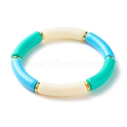 Candy Color Chunky Curved Tube Beads Stretch Bracelet, Acrylic Beads Bracelet for Women, Golden, Light Sky Blue, Inner Diameter: 2-1/8 inch(5.5cm)(BJEW-JB07298-01)