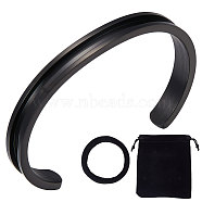 1Pc 304 Stainless Steel Grooved Bangles, Cuff Bangle, for Gemstone, Leather Inlay Bangle Making, with 1Pc Velvet Bag, Electrophoresis Black, 1/4 inch(0.75cm), Inner Diameter: 2-3/8 inch(6.1cm)(FIND-UN0002-08)