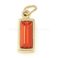 Glass Pendants, with Ion Plating(IP) 304 Stainless Steel Findings, Manual Polishing, with Jump Ring, Rectangle Charms, Real 18K Gold Plated, Orange Red, 11x4x3.5mm, Hole: 2.5mm(STAS-P366-40G-02)