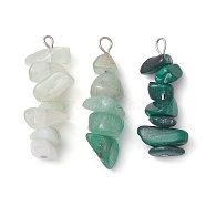 Gradient Color Natural Green Aventurine & Natural Prehnite & Natural Malachite Chip Beaded Pendants, with 304 Stainless Steel Loops, Stainless Steel Color, 28~34x7~10x7~10mm, Hole: 2x3mm, 3pcs/set(PALLOY-JF02791-05)