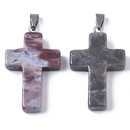 Natural Indian Agate Pendants, with Random Stainless Steel Snap On Bails, Cross, 44~46x27~29x6~8mm, Hole: 4x8mm(G-Q512-008)