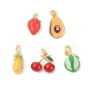 Rack Plating Brass Enamel Pendants, with Jump Ring, Long-Lasting Plated, Real 18K Gold Plated, Cadmium Free & Lead Free, Fruits Charm, Strawberry/Pineapple/Cherry/Avocado, Mixed Color, 11~12x6~12x4~5mm, Hole: 4mm(KK-G507-04B-G)