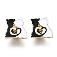 Alloy Brooches, Enamel Pin, with Brass Butterfly Clutches, Cat Shape, Light Gold, Black, 18x19x2mm, Pin: 1mm(JEWB-S011-044)