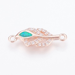 Brass Cubic Zirconia Links, with Synthetic Opal, Leaf, Rose Gold, Turquoise, 22x8x2.5mm, Hole: 1.5mm(ZIRC-G144-09RG-03)