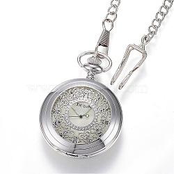 Carved Alloy Flat Round Pendant Necklace Quartz Pocket Watches, with Iron Chains, Platinum, 14.56 inch(37cm)(WACH-P006-07)