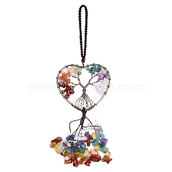 Wire Wrapped Chips Natural Gemstone Big Pendant Decorations, with Red Copper Plated Brass Wires and Nylon Cord, Heart with Tree of Life, 160mm, 1pc(HJEW-SZ0001-25D)
