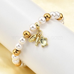 Brass Stretch Bracelets, with Brass Micro Pave Clear Cubic Zirconia Charms & Plastic Imitation Pearl Beads & Ion Plating(IP) 304 Stainless Steel Beads, Rack Plating, Gold, Insects, Inner Diameter: 2 inch(5.15cm), Pendant: 12.5~14.5x4~9.5x2.5~4.5mm(BJEW-C098-07C)