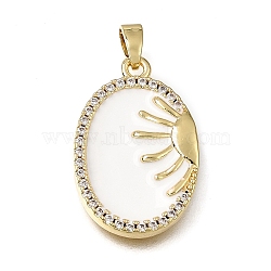 Brass Micro Pave Clear Cubic Zirconia Pendants, with White Enamel, Oval with Sun Charms, Rack Plating, Long-Lasting Plated, Cadmium Free & Lead Free, Golden, 23x15x3mm, Hole: 5x2mm(KK-CBAA632-13G)