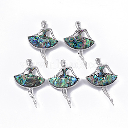 Abalone Shell/Paua Shell Brooches/Pendants, with Resin Bottom and Alloy Findings, Dancer, Platinum, Dark Slate Gray, 79x44x9.5mm, hole: 7x4mm, Pin: 0.7mm(RESI-S376-16)