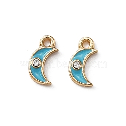 Zinc Alloy Enamel Charms, with Rhinestone, Light Gold, Moon, Turquoise, 11x6.5x2mm, Hole: 1.2mm(ENAM-TAC0002-52E)