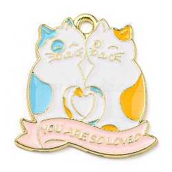 Zinc Alloy Pendants, Light Gold, Cat with Word You are so Loved Charm, White, 26.5x25.5x1.5mm, Hole: 2.2mm(ENAM-I058-A04)