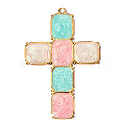 304 Stainless Steel with Enamel Pendants, Ion Plating(IP), Cross Charms, Hand Polished, Real 18K Gold Plated, Colorful, 46x31mm, Hole: 2mm(SA-OY002-65G-01)