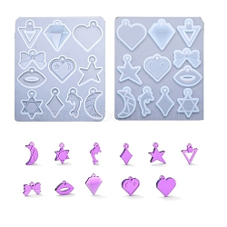 DIY Pendant Silicone Molds, Resin Casting Molds, Triangle, Diamond, Heart, Bowknot, Lip, Star, Star of David, Rhombus, Dolphin, Moon, White, 82x70x4mm, Hole: 1.5mm, Inner Diameter: 12~24x7~22mm(DIY-C054-08)