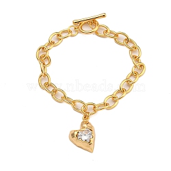 Brass Micro Pave Cubic Zirconia Bracelets, Alloy Enamel Heart Charm Bracelet for Women, Real 18K Gold Plated, 7-1/4 inch(18.3cm), Pendant: 20.5x14mm(BJEW-U008-16G)