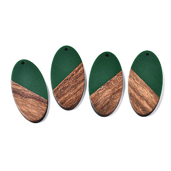Resin & Walnut Wood Pendants, Two Tone, Oval, Dark Green, 44x21.5x3mm, Hole: 2mm