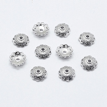 Multi-Petal Brass Fancy Bead Caps, Long-Lasting Plated, Real Platinum Plated, Nickel Free, Flower, 8x2.5mm, Hole: 1mm