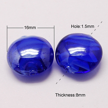 Handmade Lampwork Beads, Pearlized, Flat Round, Medium Blue, 16x8mm
