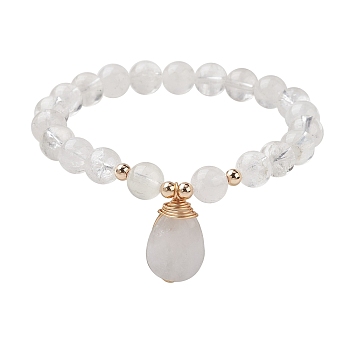 Natural Quartz Crystal Stretch Bracelets with Teardrop Charms for Women, Inner Diameter: 2-3/8 inch(6cm)