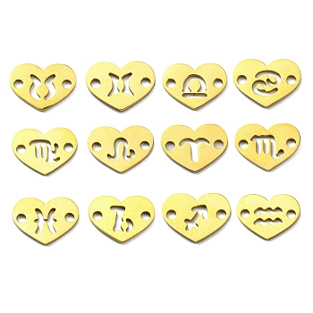 12Pcs 12 Styles Ion Plating(IP) 304 Stainless Steel Hollow Connector Charms, Heart with 12 Constellation Links, Golden, 8.5x12x1mm, Hole: 1.6mm, 1pc/style