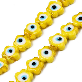 Handmade Evil Eye Lampwork Beads Strands, Flower, Yellow, 11x12x6mm, Hole: 1.6mm, about 33pcs/strand, 14.57 inch(37cm)