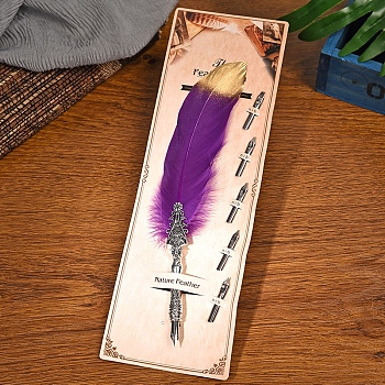 Feather Quill Pen, Vintage Feather Dip Ink Pen, Zinc Alloy Pen Stem Writing Quill Pen Calligraphy Pen As Christmas Birthday Gift, Purple, 25~30cm